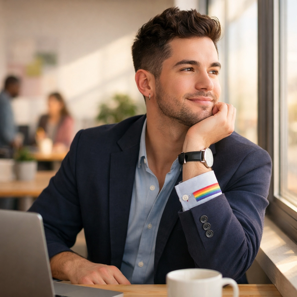 A confident queer professional sitting in an inclusive office space symbolizing LGBTQ+ career success.