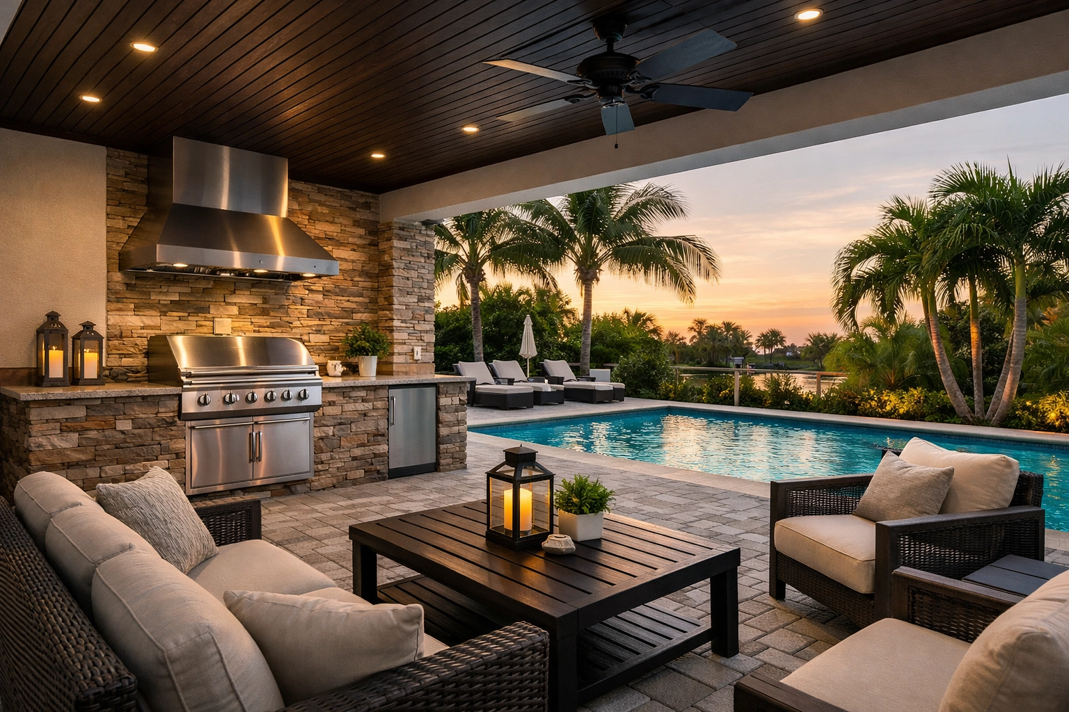 Elegant outdoor kitchen and patio renovation in Orlando with stone finishes and a pool view.