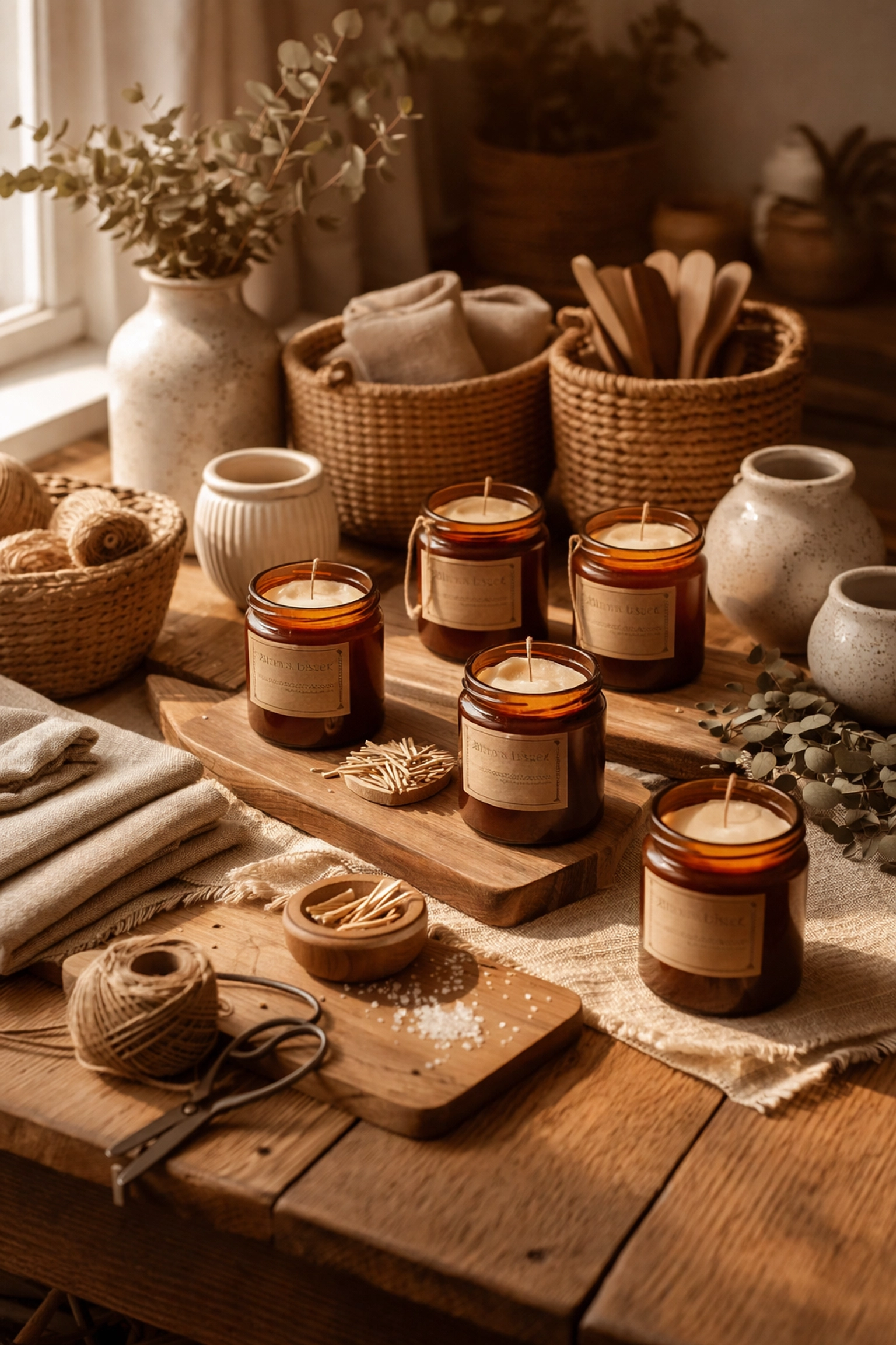 Artisan workshop table displaying handcrafted candles, baskets, vases, and home decor gifts in a rustic farmhouse style.