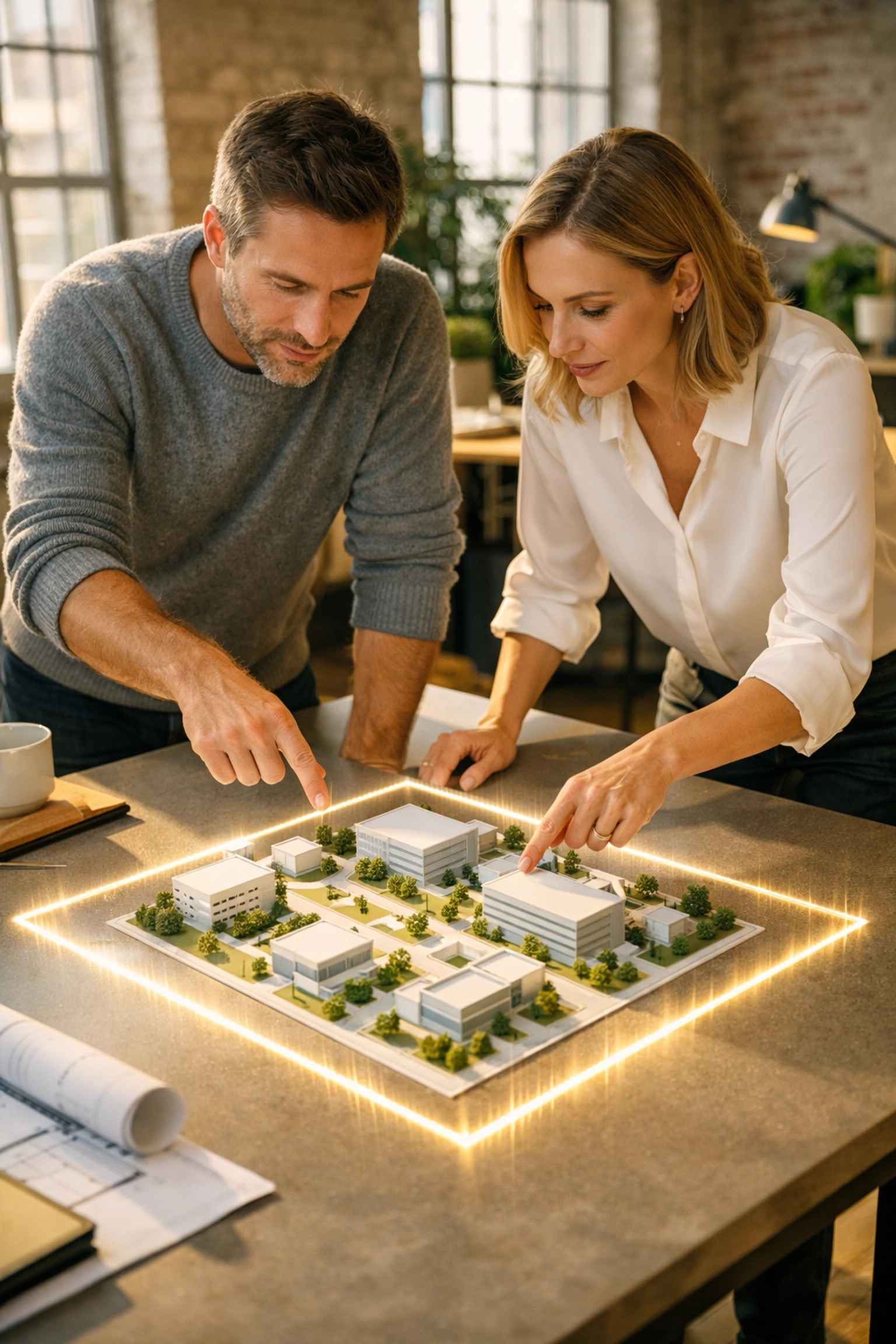 Marketing experts collaborating on a precision AI strategy within a defined strategic search space.