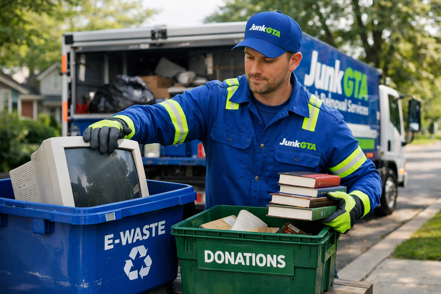 Eco-friendly junk removal in Newmarket with crew sorting e-waste and donations from a residential home.