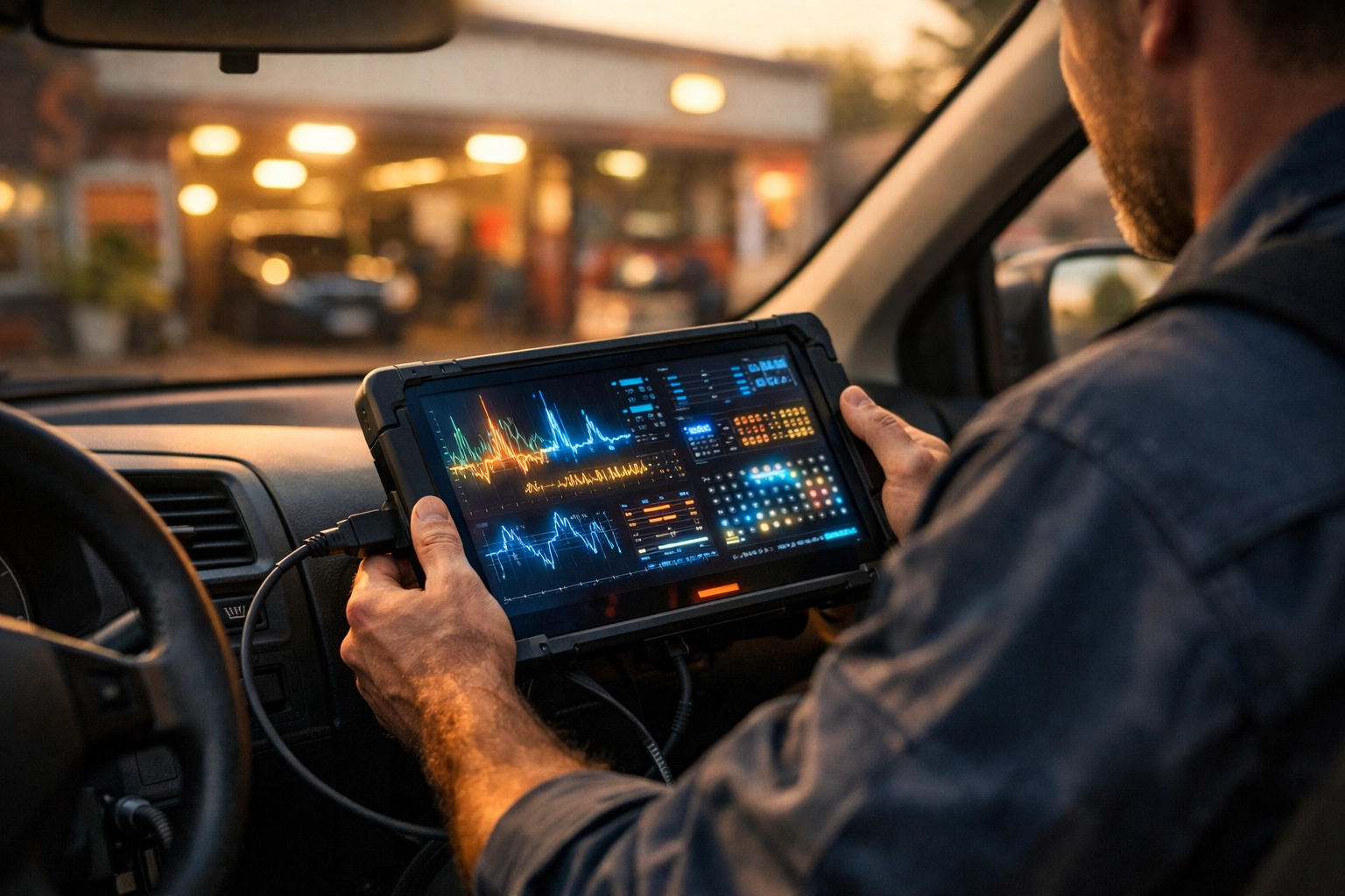 An ASE certified mechanic using a high-tech diagnostic tool to troubleshoot transmission sensors.