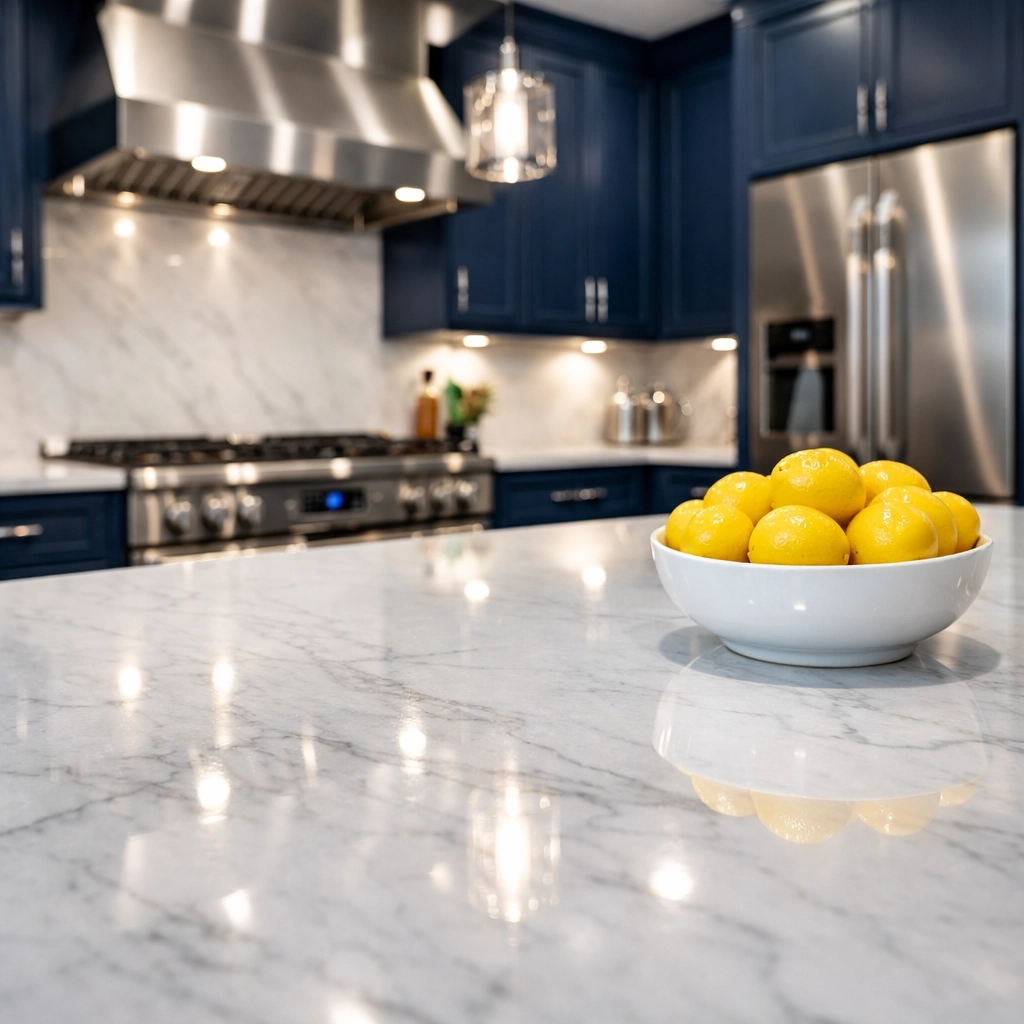 Sanitized luxury kitchen with sparkling white marble countertops for a food-safe move-in cleaning.