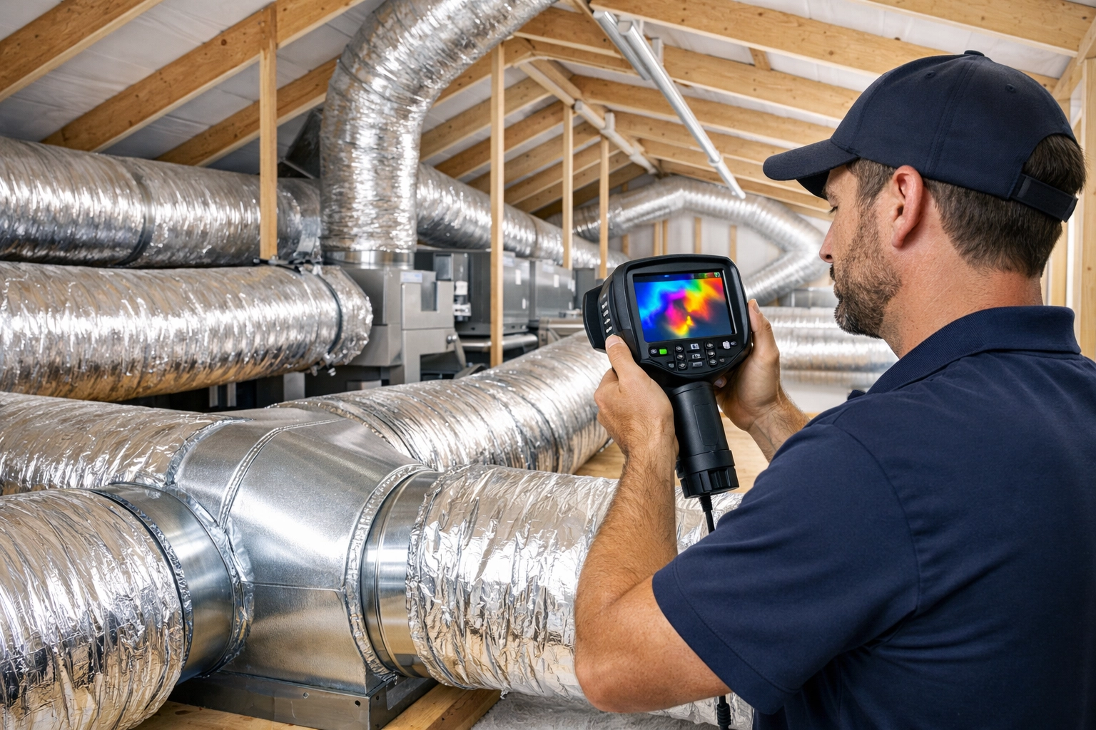 HVAC tech scanning attic ducts for leaks affecting ac repair Florida cooling