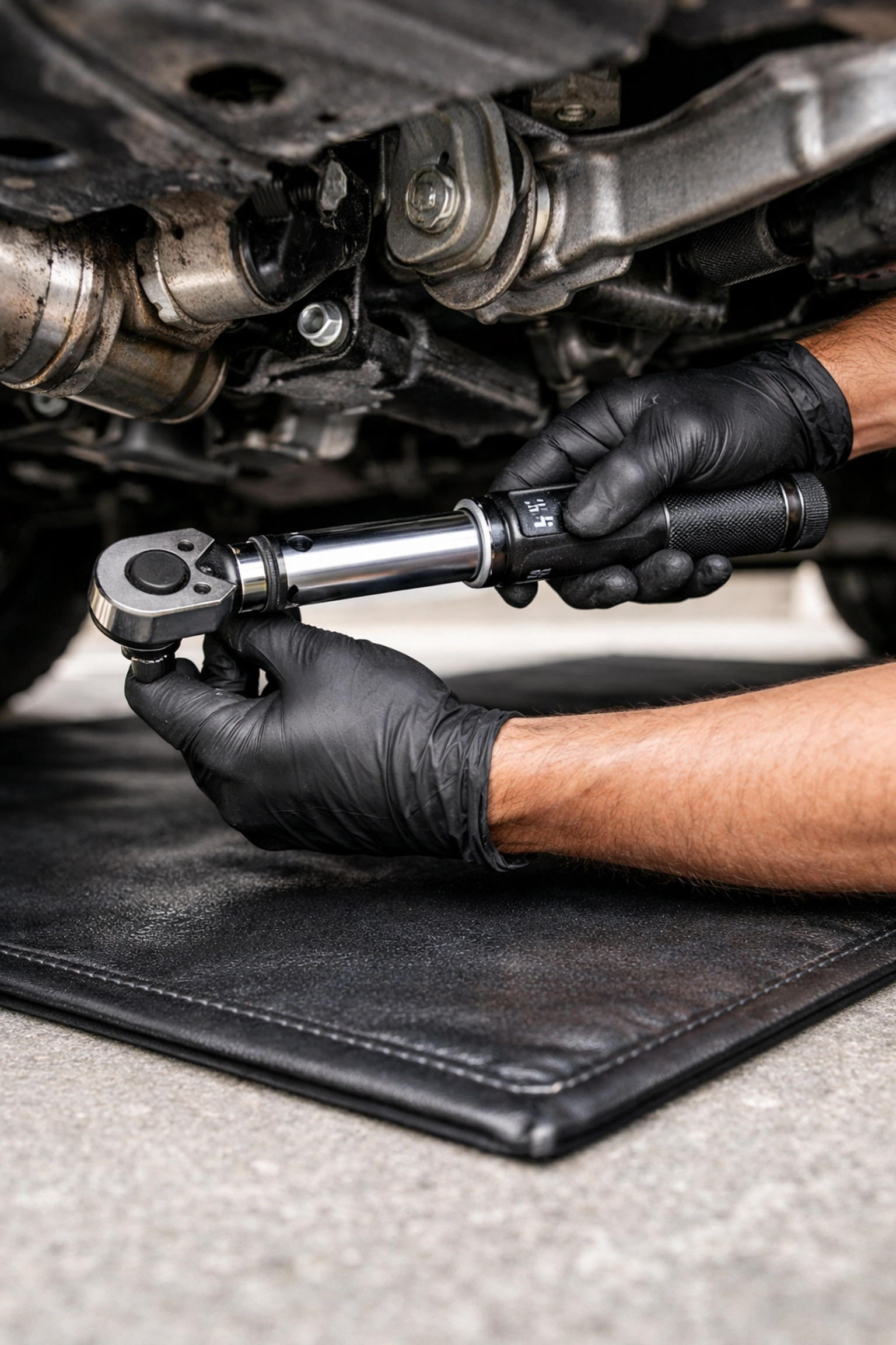 Mobile mechanic using professional tools and a protective mat for a clean, precision auto repair on a driveway.