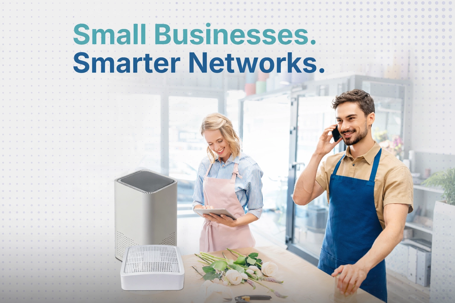 Two small business owners in aprons efficiently use a tablet and a phone surrounded by flowers, highlighting reliable internet