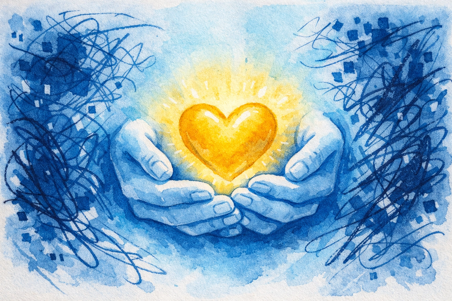 Hands protecting a glowing heart from digital chaos, illustrating guarding your spirit on social media.