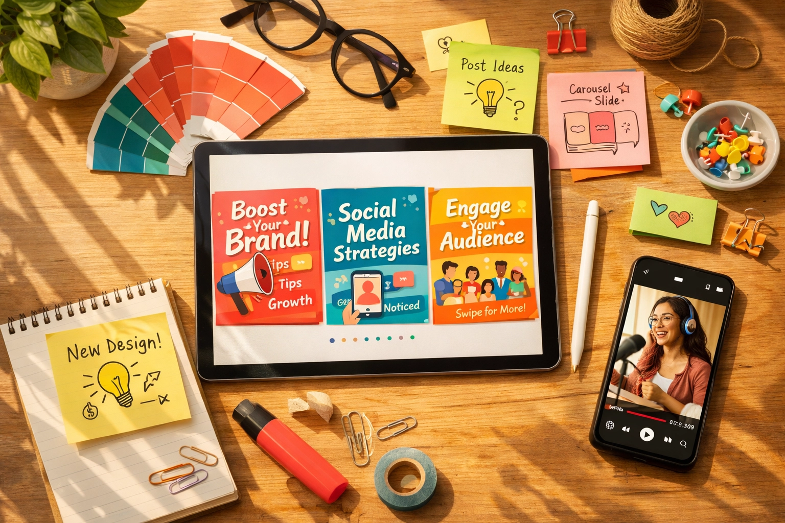 Creating engaging LinkedIn carousel posts and social media content on tablet