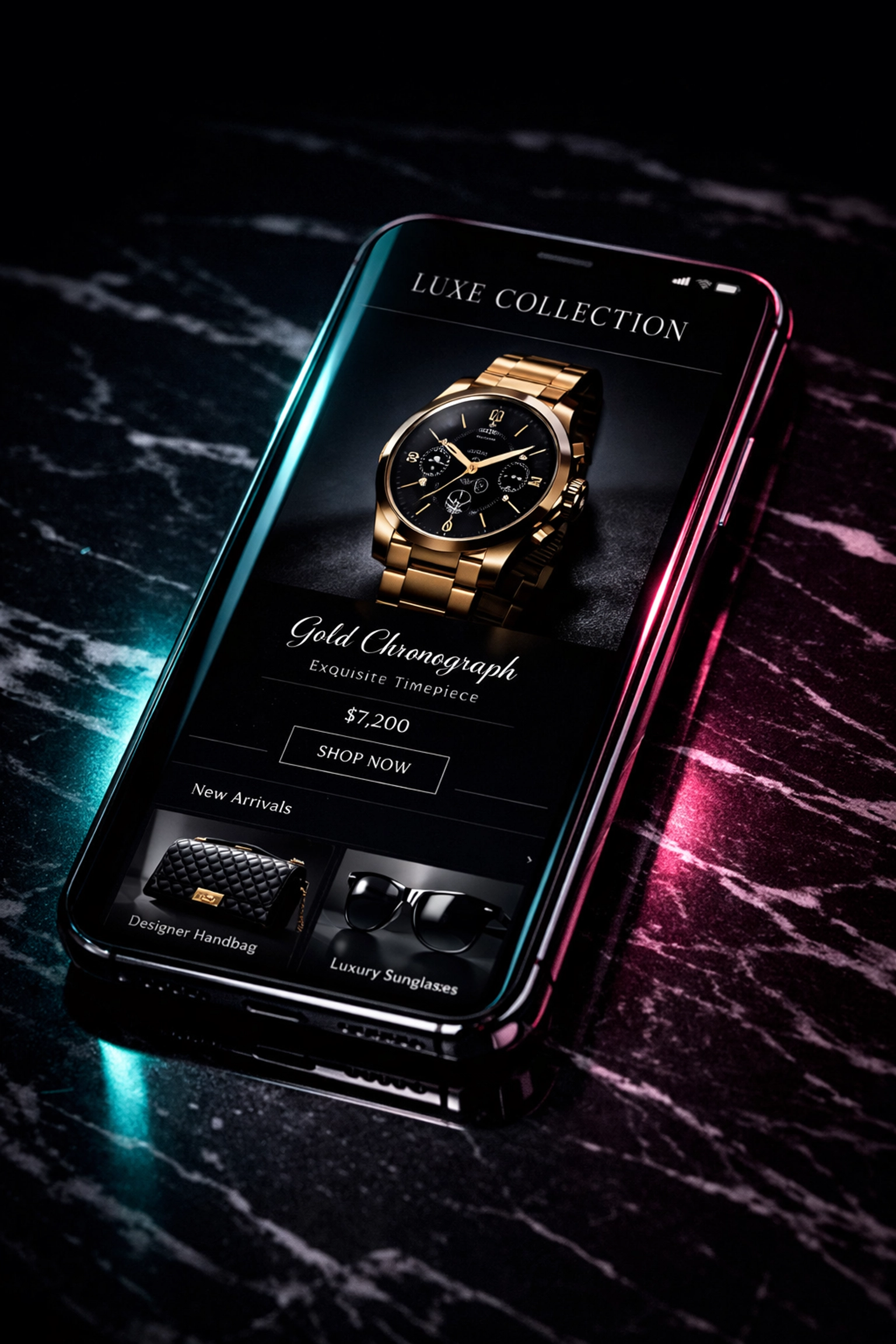 Premium e-commerce interface on mobile device showcasing custom UI UX design for luxury brands