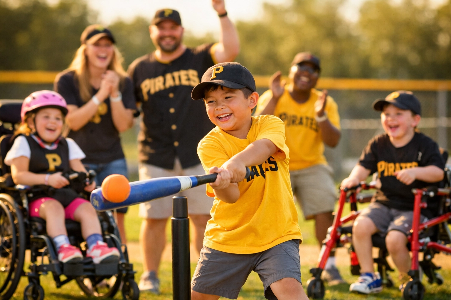 Children with disabilities playing baseball at Miracle League Fantasy Camp showing God's love in action