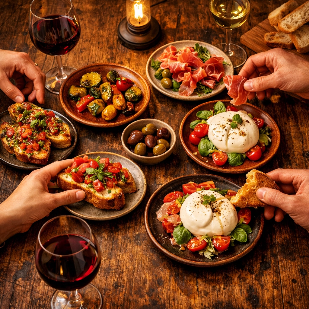Shareable small plates and wine glasses at Italian wine bar showing Bacari's tapas strategy