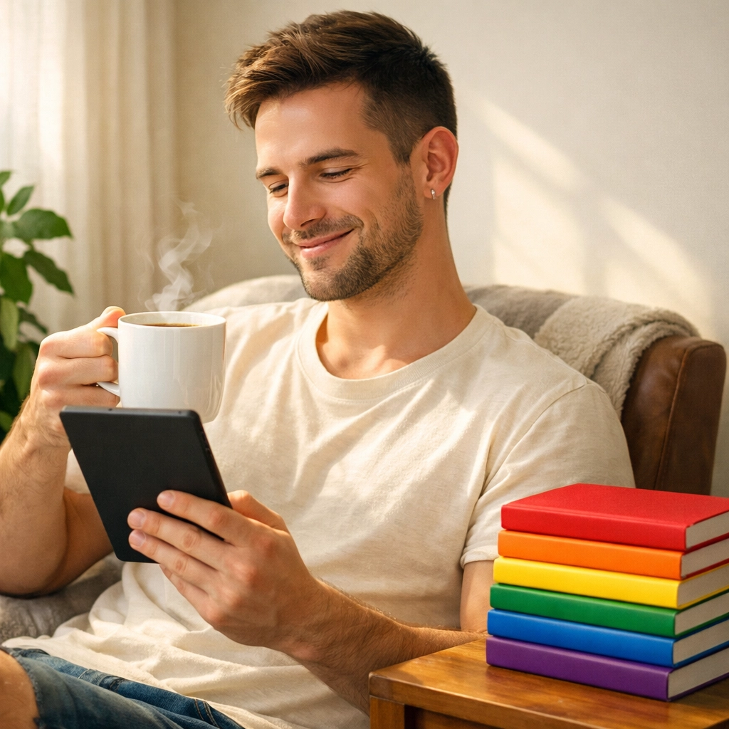 A gay man reading in a cozy nook while starting the 2026 Read With Pride LGBTQ+ reading challenge.