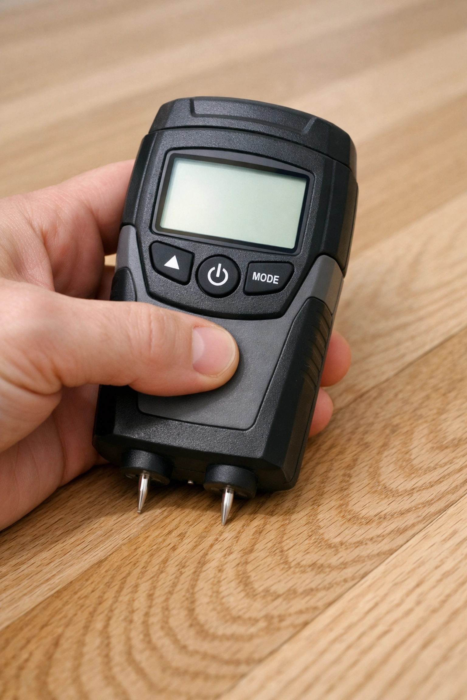 Technician using a digital moisture meter to detect hidden water damage in wood flooring.