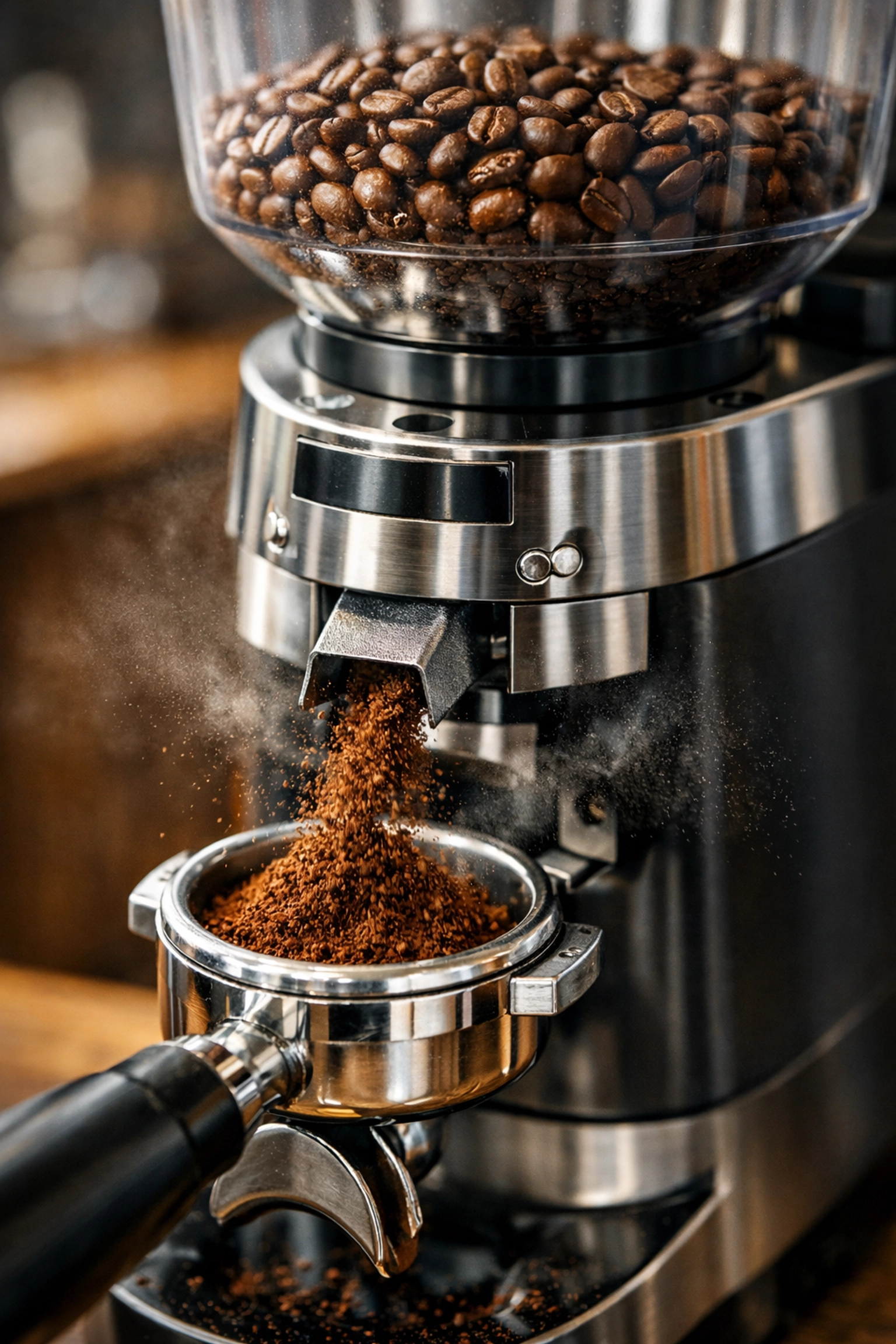 Professional espresso grinder dispensing fresh grounds into portafilter for consistent extraction