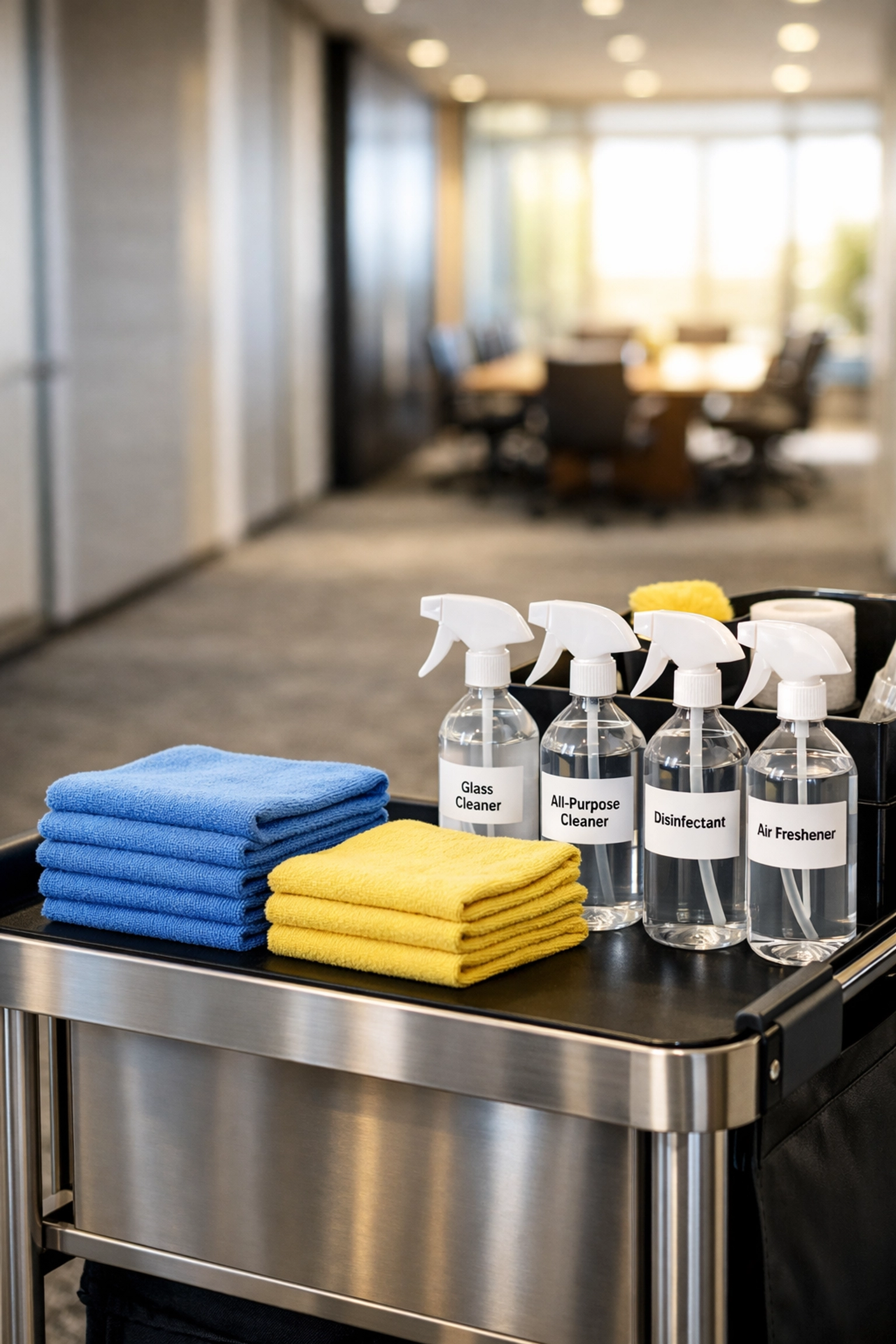 Professional cleaning cart with supplies prepared for a commercial cleaning service in a Bedford office.