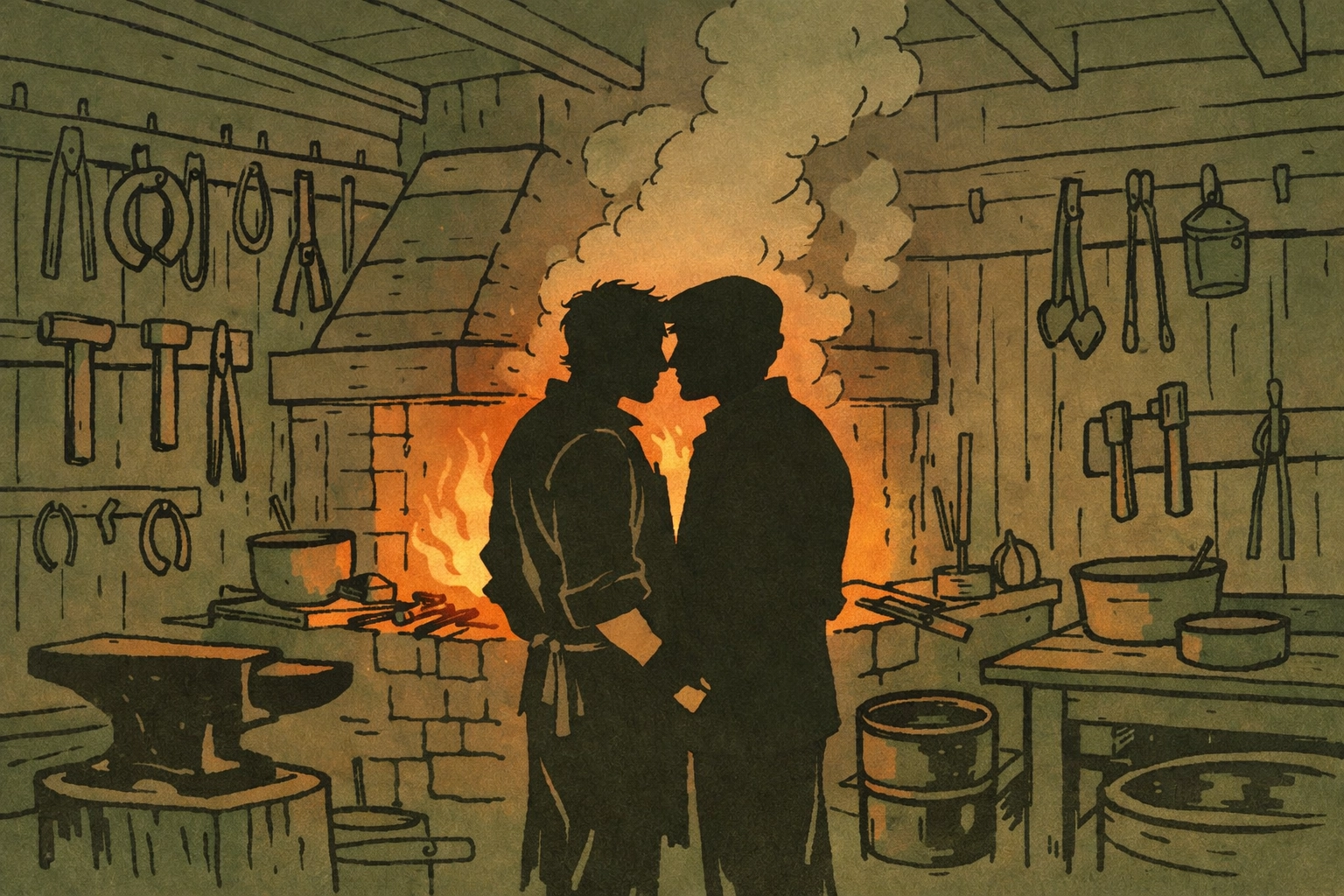 Gay historical romance blacksmith workshop scene with two men in intimate proximity