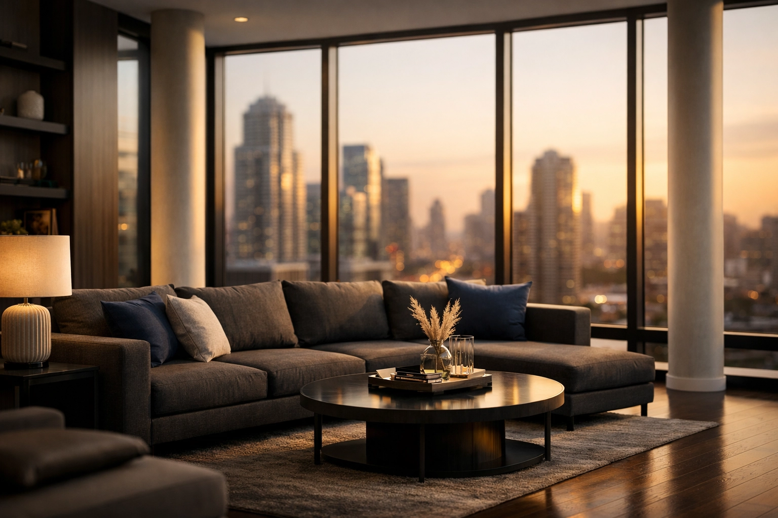 Modern luxury North York condo interior featuring floor-to-ceiling windows with skyline views of the Yonge corridor.