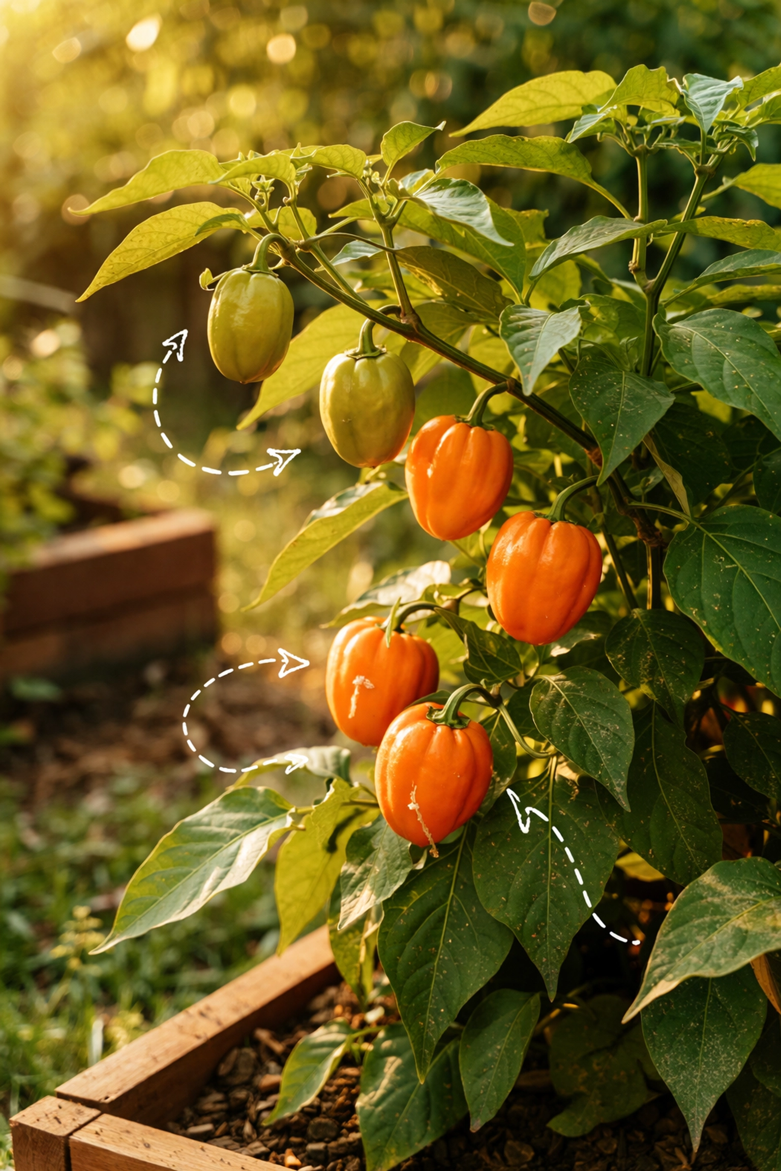Habanero pepper plant showing green, transitioning, and ripe orange peppers at various stages in a garden