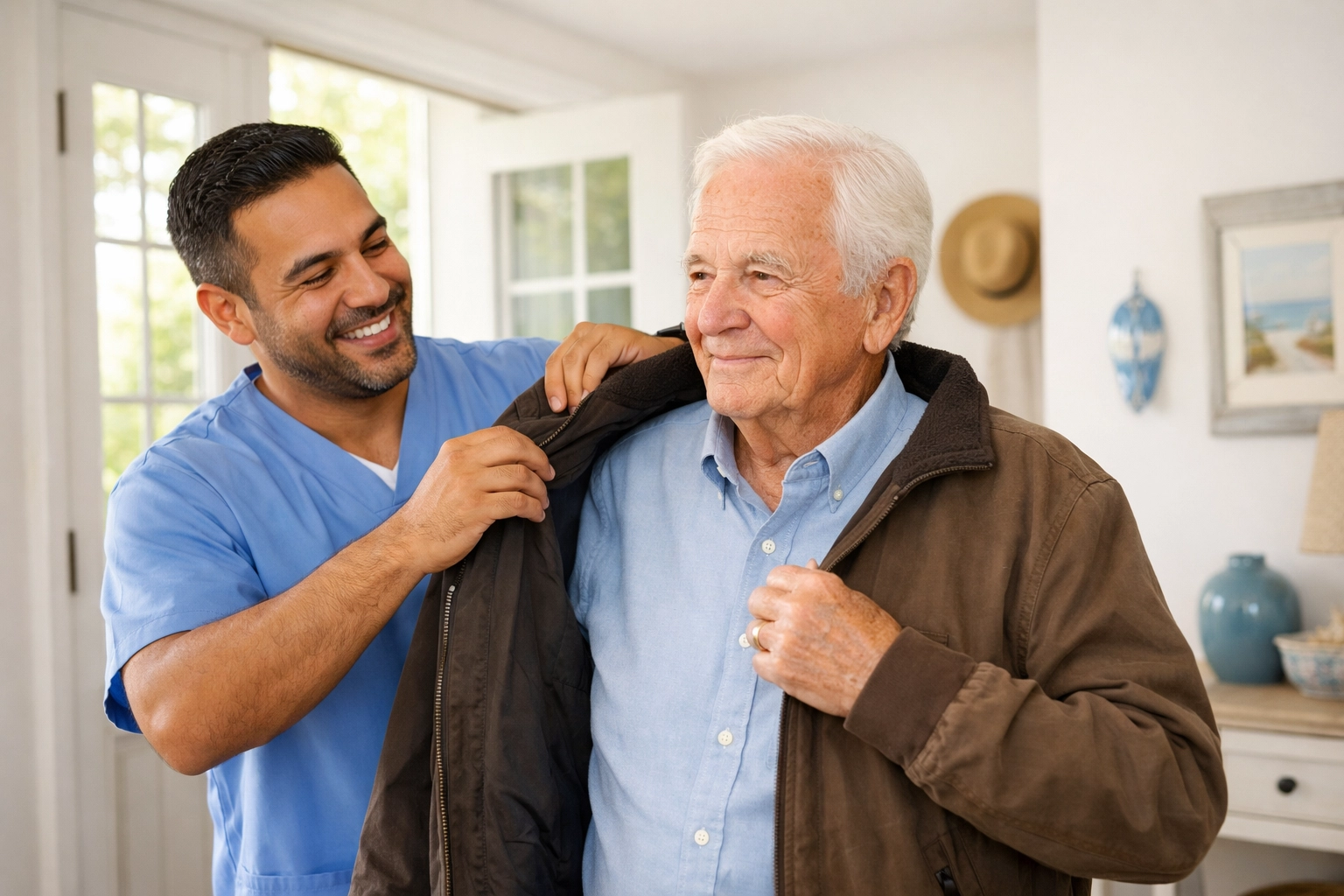 Professional caregiver providing dignified personal care assistance to elderly client