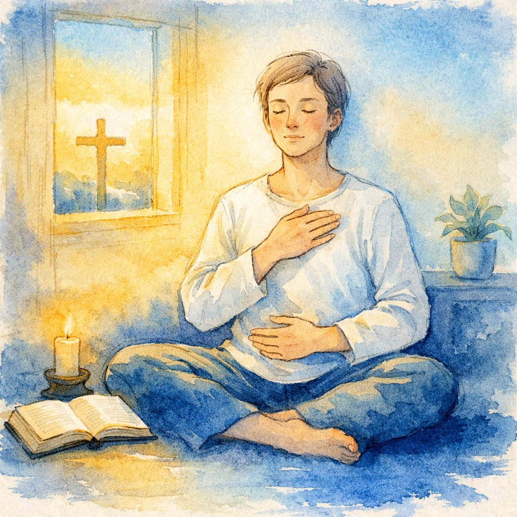 Person practicing calming breath prayer for anxiety relief in peaceful room