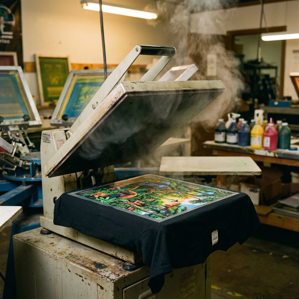 A DTF printing heat press applies a colorful, detailed design onto a black custom shirt, showing vivid results on fabric.