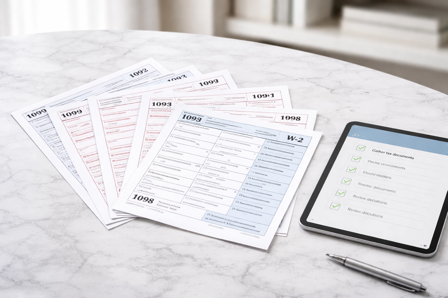 Tax forms including 1099s, W-2s, and 1098s organized with tablet for IRS e-filing compliance