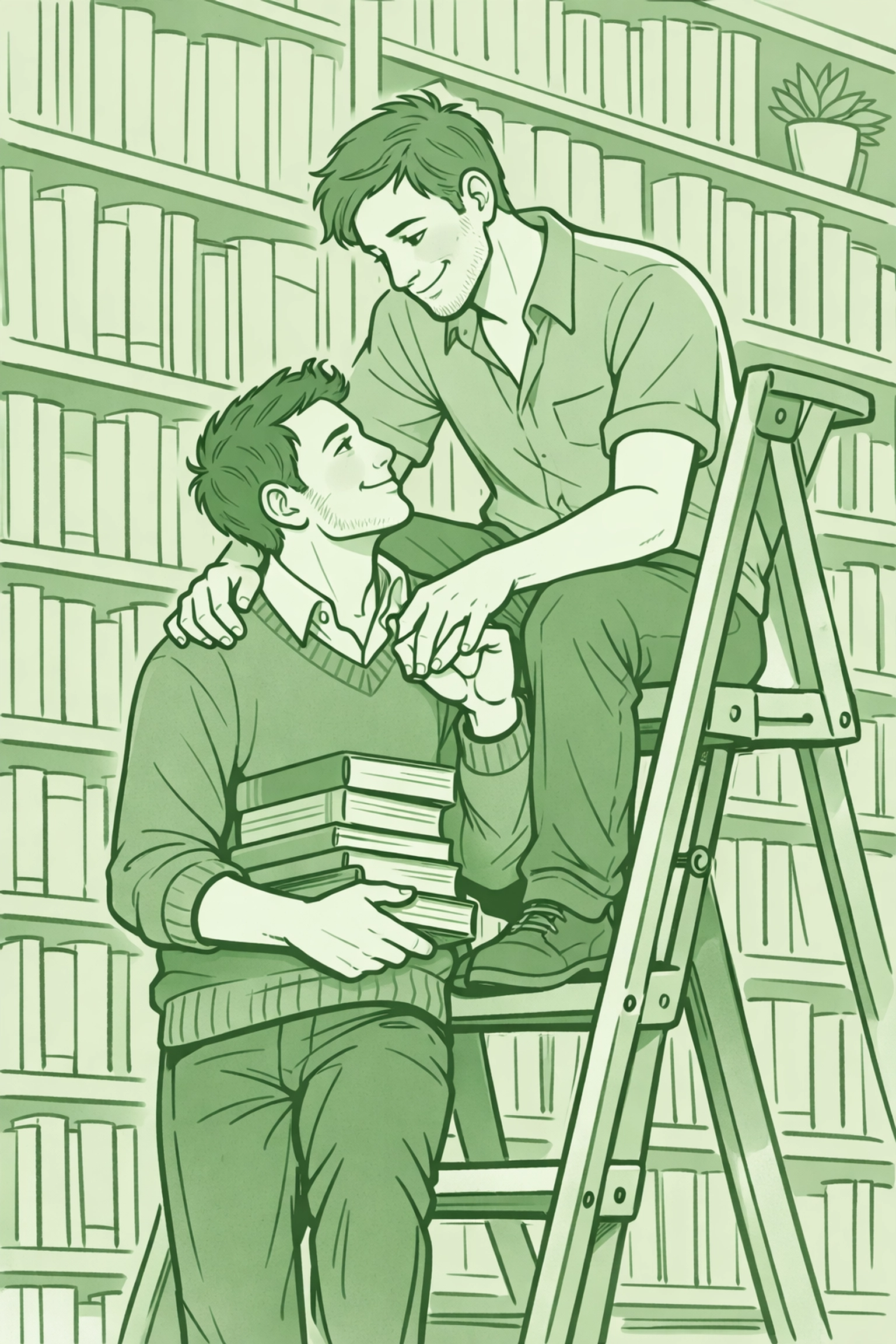 Two men in a library exploring queer identity and non-binary representation in gay fiction.