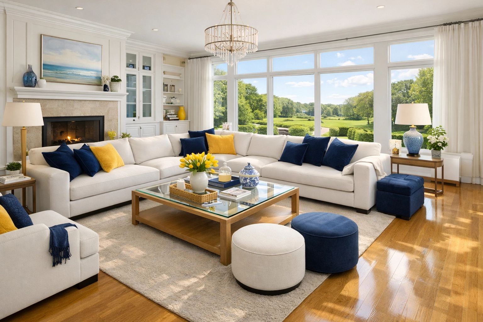 Sunlit luxury living room in Dover with spotless oak floors from professional residential cleaning Massachusetts.