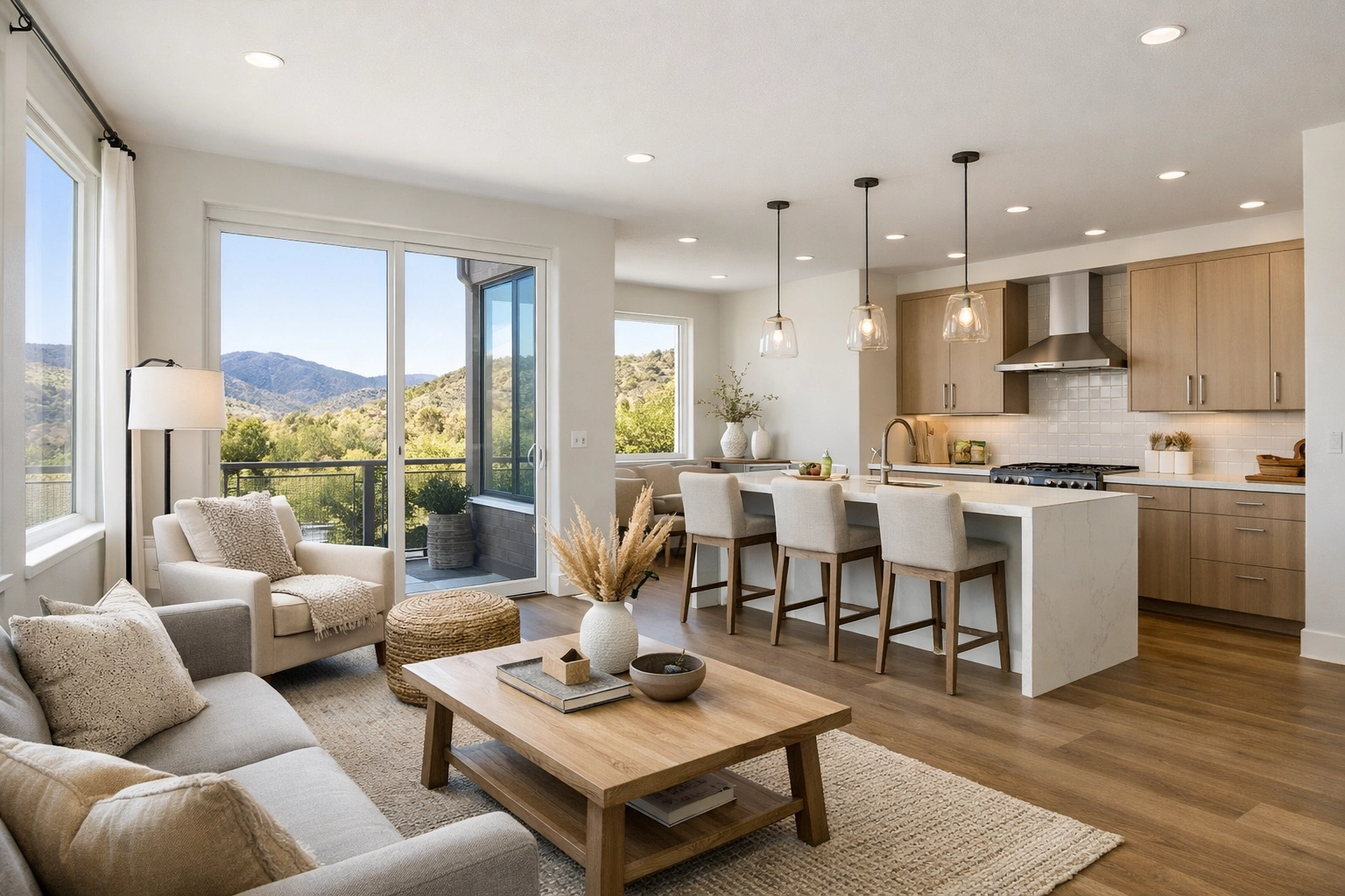 Bright interior of a modern Littleton townhome showing an open-concept kitchen and living area with natural light. Bright interior of a modern Littleton townhome showing an open-concept kitchen and living area with natural light.