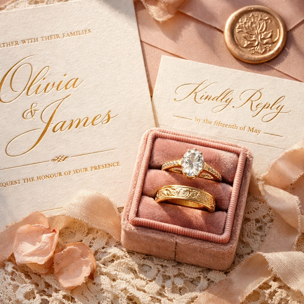 Elegant wedding invitations and rings on lace cloth for great picture moments