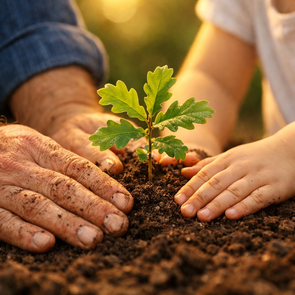 A parent and child planting a tree sapling, representing long-term credit building and financial growth.