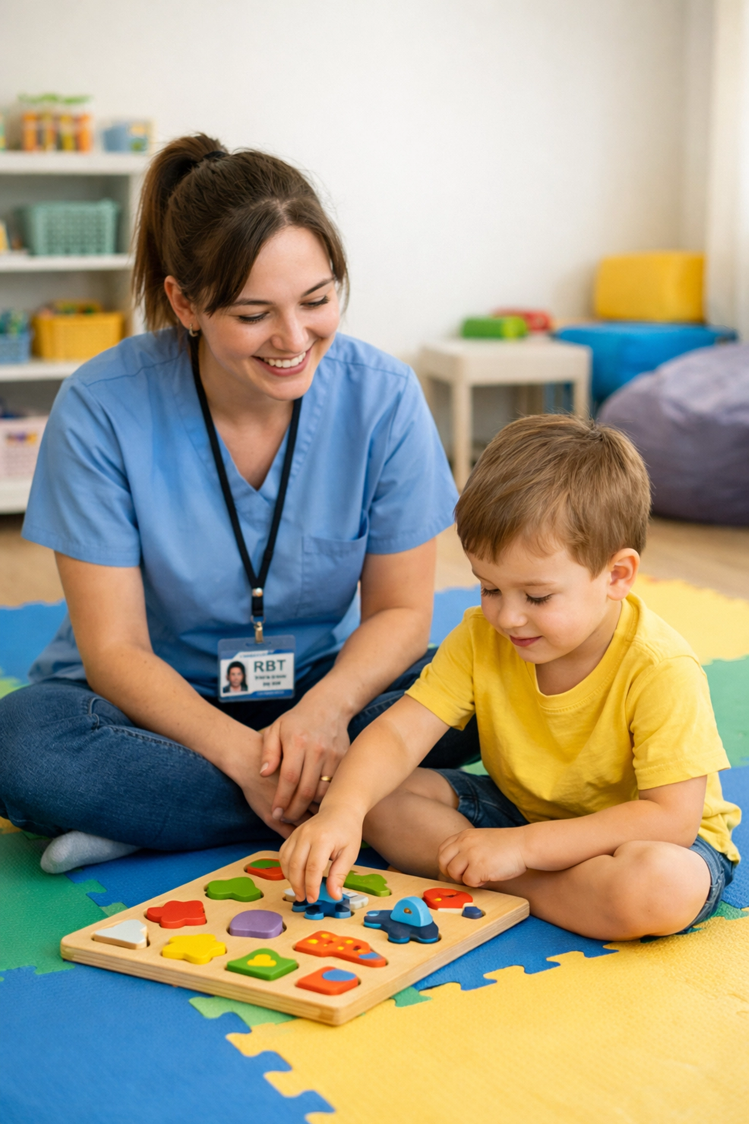 RBT engaging a child in naturalistic ABA therapy to meet Georgia Medicaid standards.