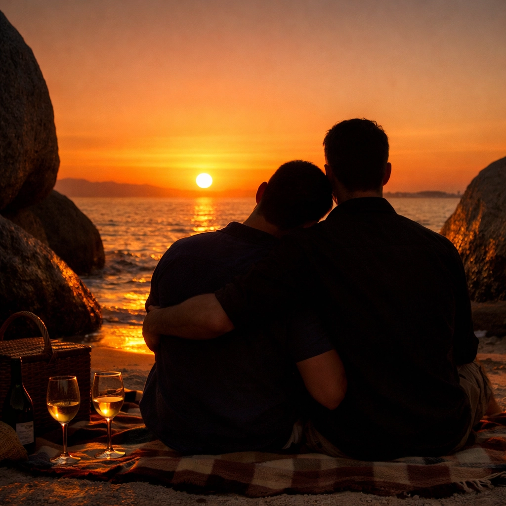 Two men enjoying romantic sunset picnic at Clifton Beach, Cape Town
