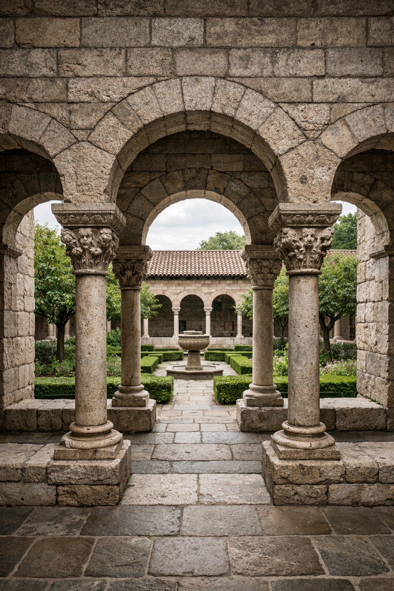 Historic stone arches at The Met Cloisters, a tranquil and symmetrical NYC photo spot in Fort Tryon Park.