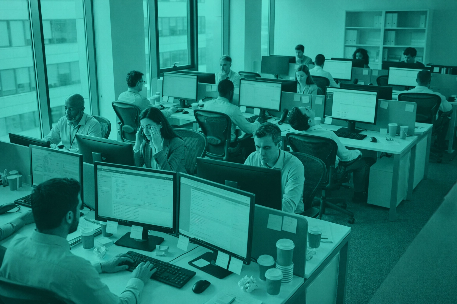 Office workers showing signs of fatigue at their desks with SAP interfaces, representing change fatigue in ERP deployments.