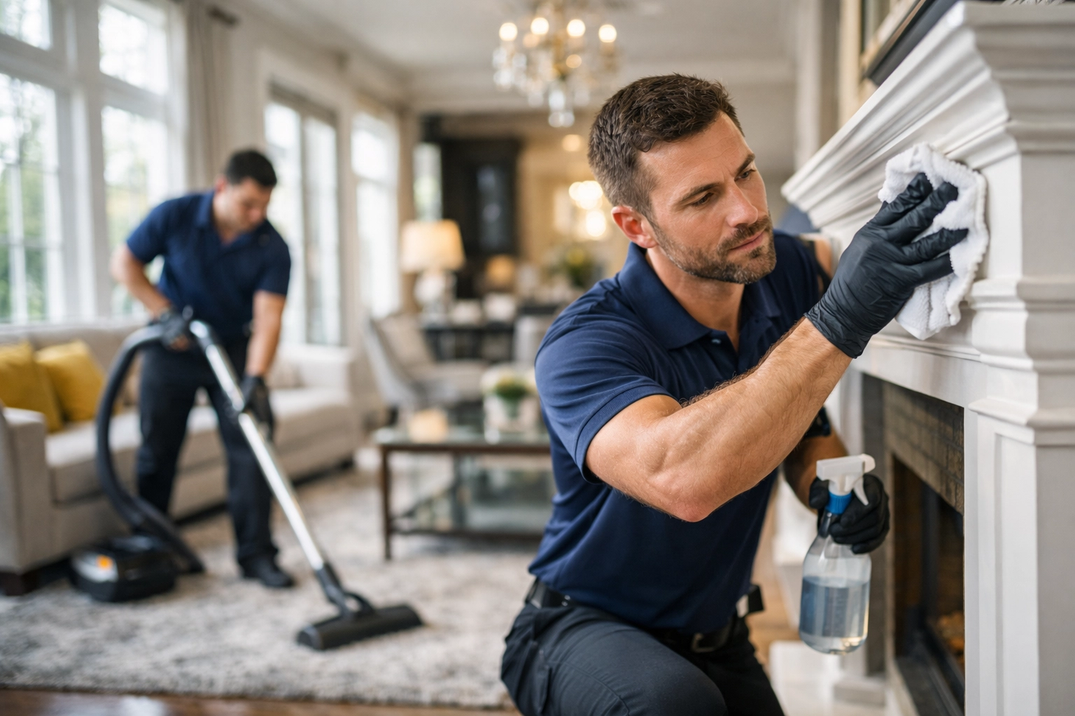 Professional cleaning team performing weekly house cleaning in a luxurious Massachusetts living room.