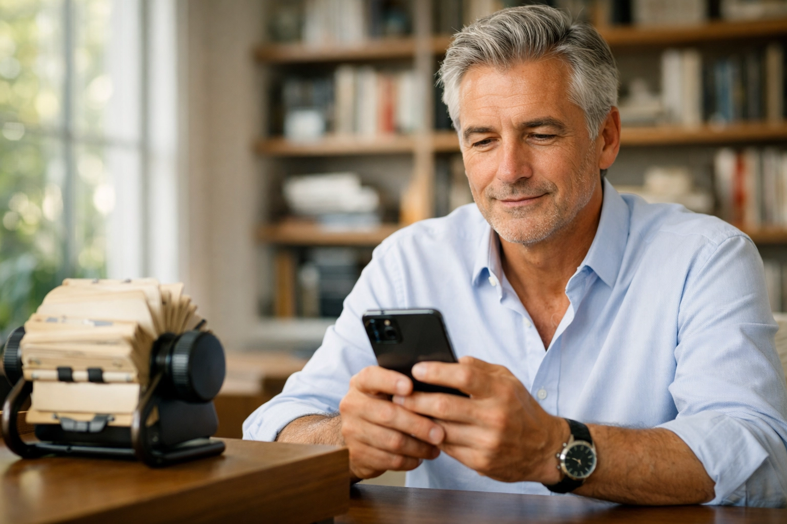 A retiree using a smartphone to manage modern financial assets, replacing outdated 401(k) investment tools.