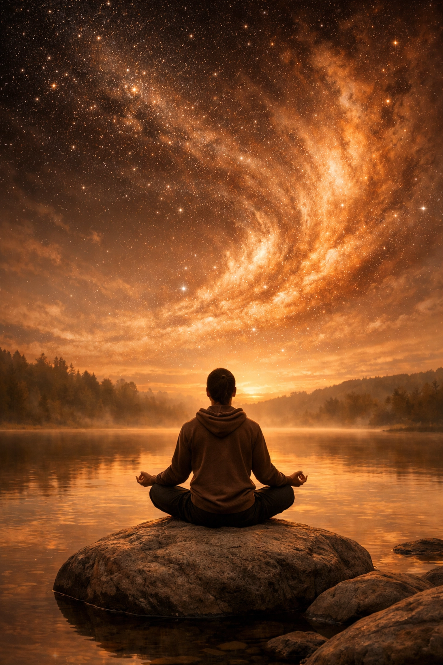 Person meditating by a calm lake under a cosmic sky to heal core wounds using The Chiron Effect.