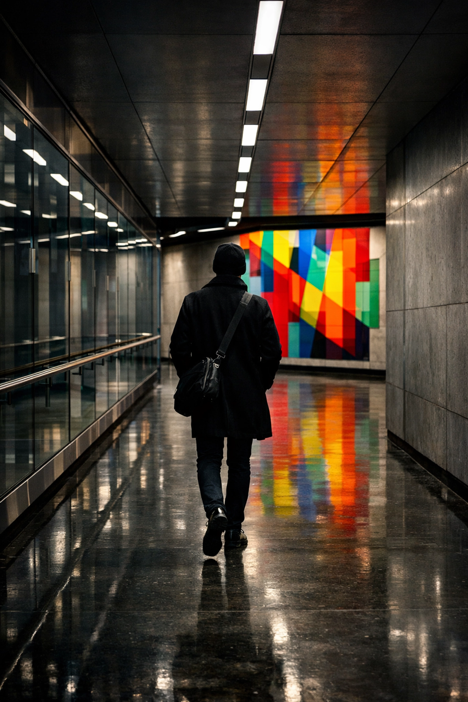 An art lover walking past a contemporary installation in Montreal's Underground City tunnels.