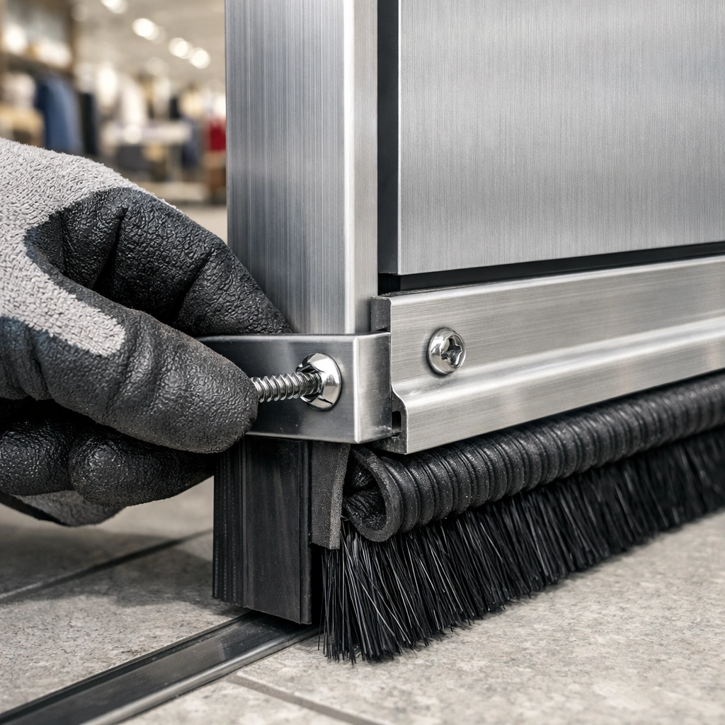 Professional IPM exclusion services showing weather seal installation on a Westchester commercial door.