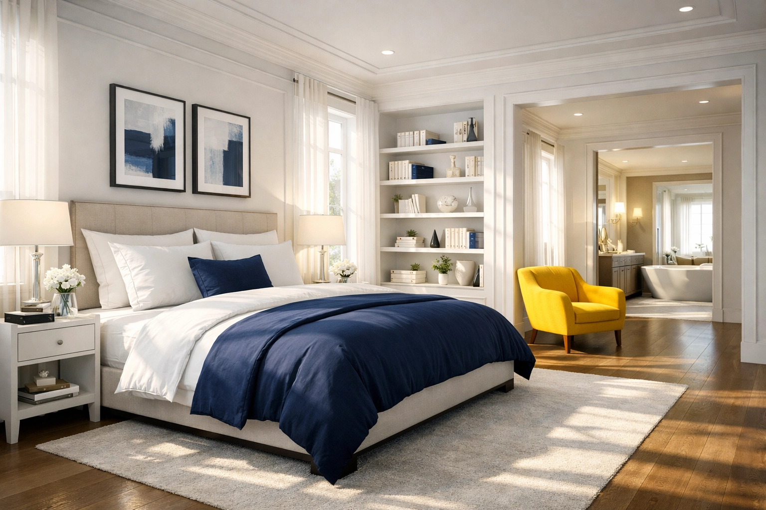 A serene and dust-free master bedroom, highlighting the peace of mind from professional cleaning services.