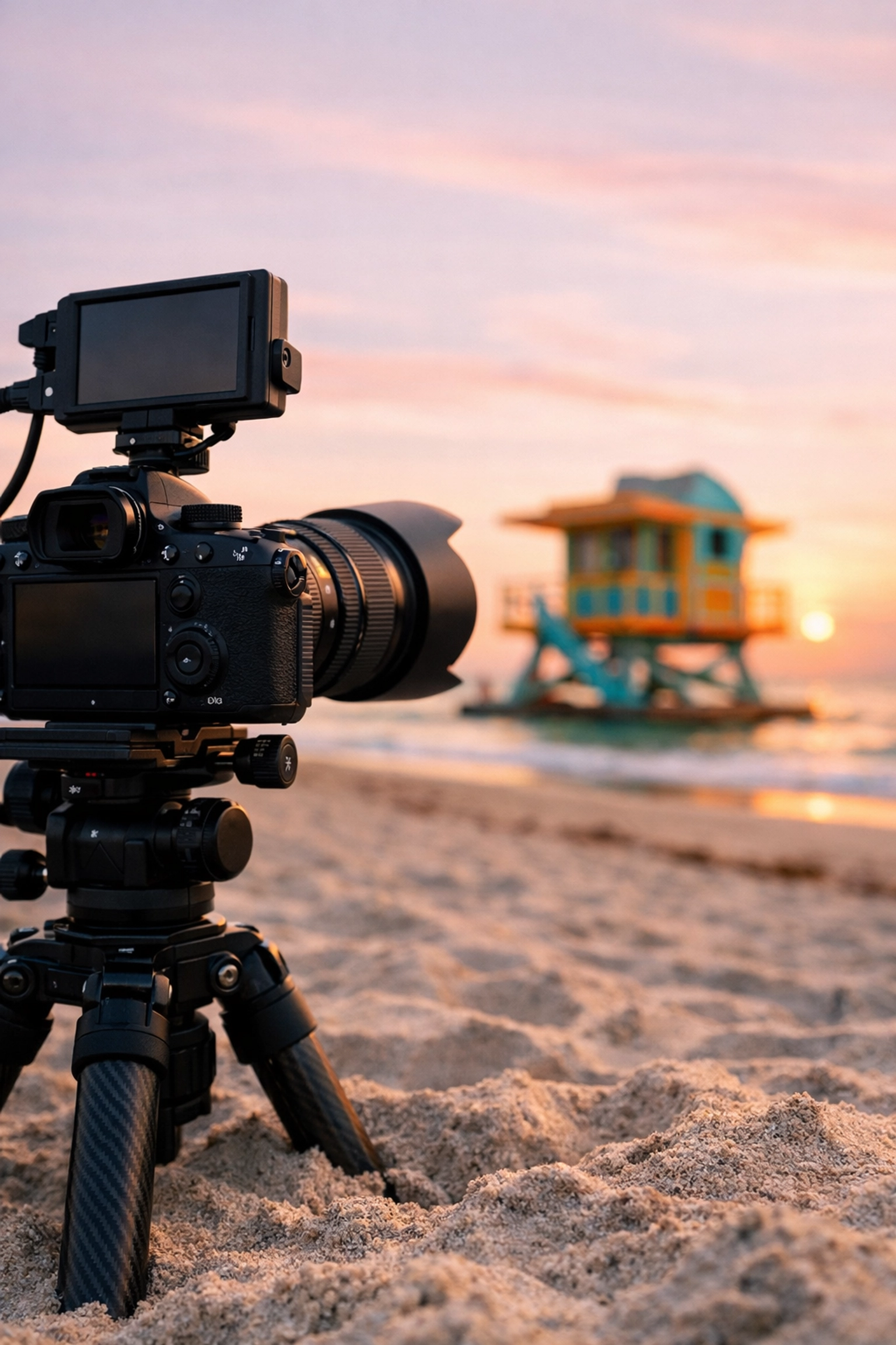 Professional camera equipment on a tripod at Miami Beach during a sunrise commercial shoot.