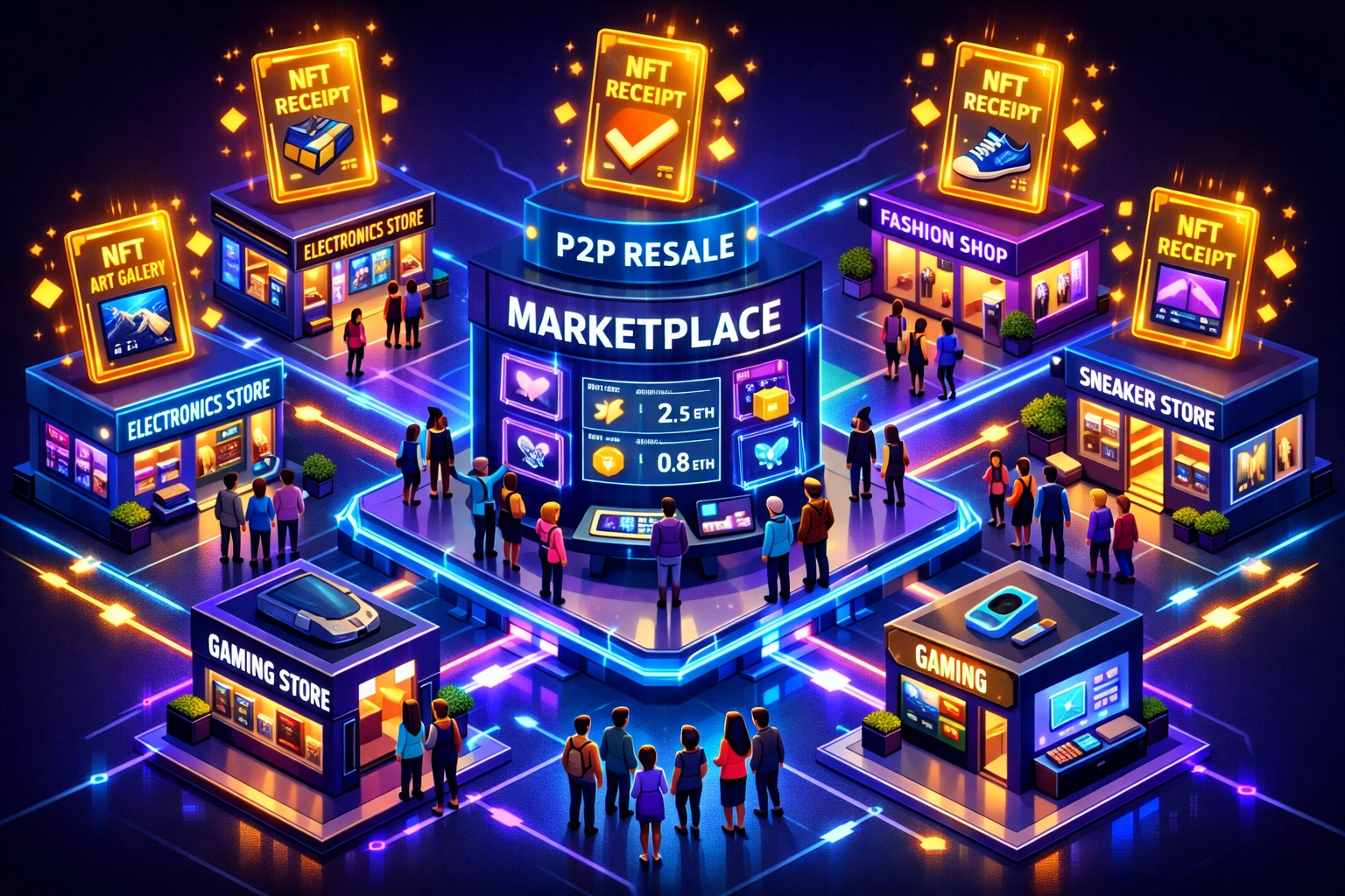 Virtual shopping mall with avatar shoppers, NFT receipts, and crypto marketplace ecosystem