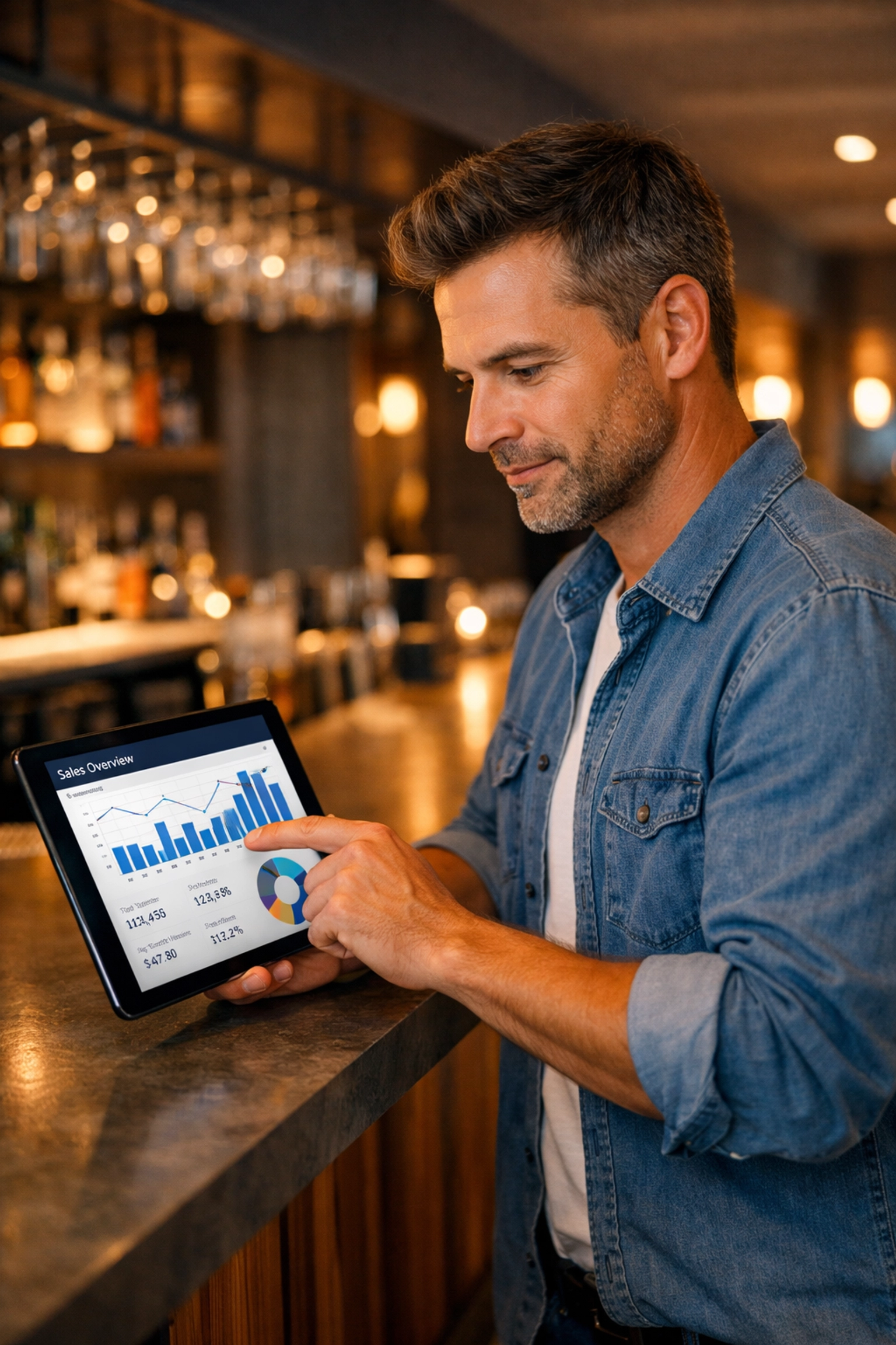 Restaurant manager reviewing Epos Now POS sales analytics on tablet