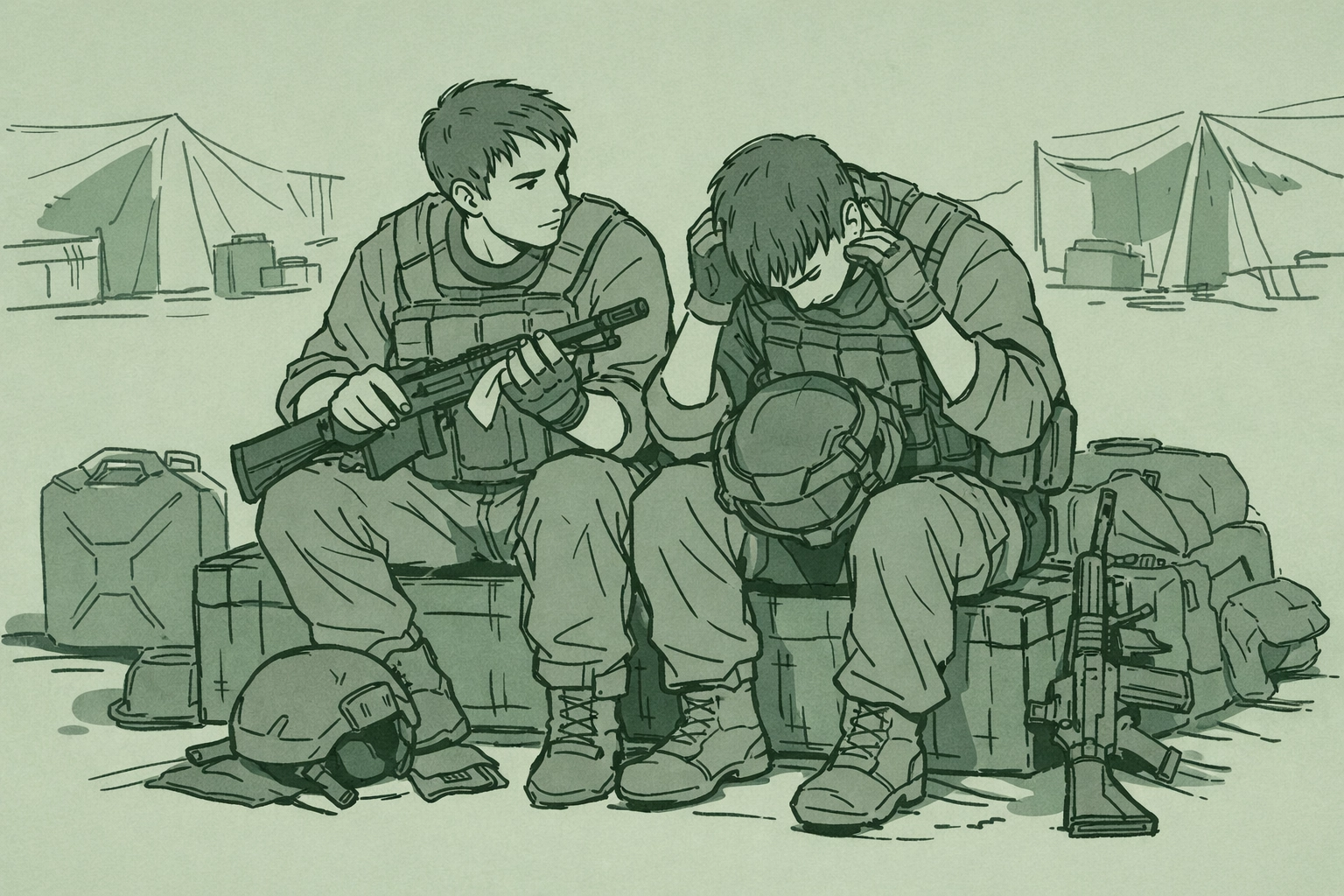 Infantry soldiers sharing intimate moment after battle - gay military brotherhood