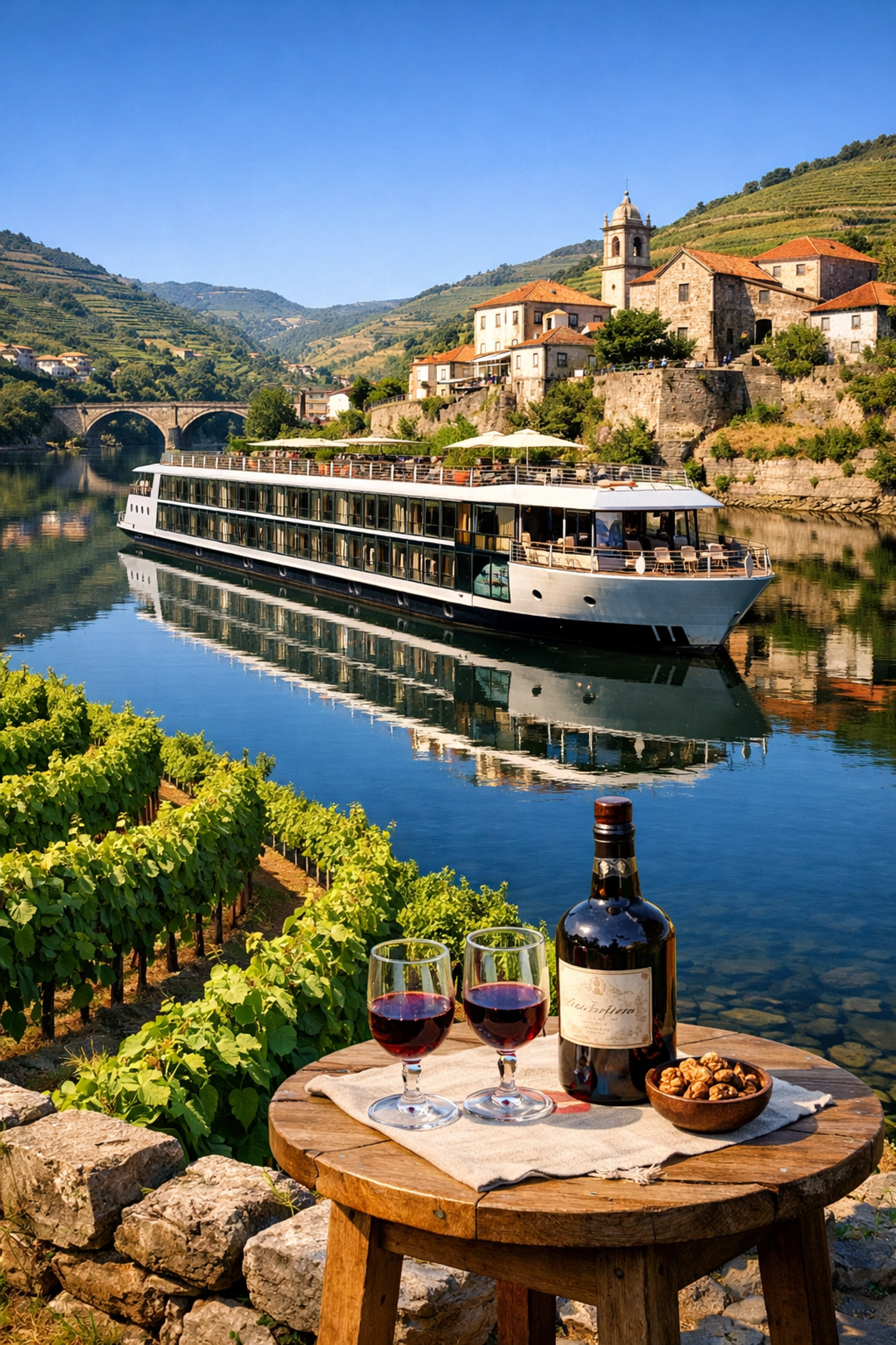 Elegant river cruise ship docked along the Douro River vineyards in Portugal during the shoulder season.