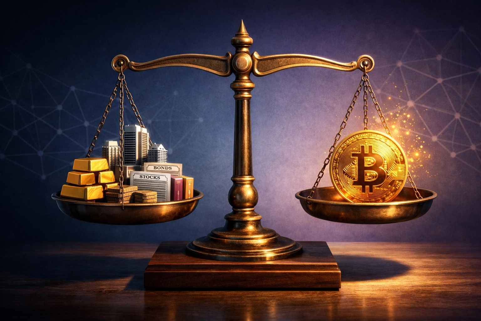 Balanced scale comparing traditional assets like gold and real estate with Bitcoin