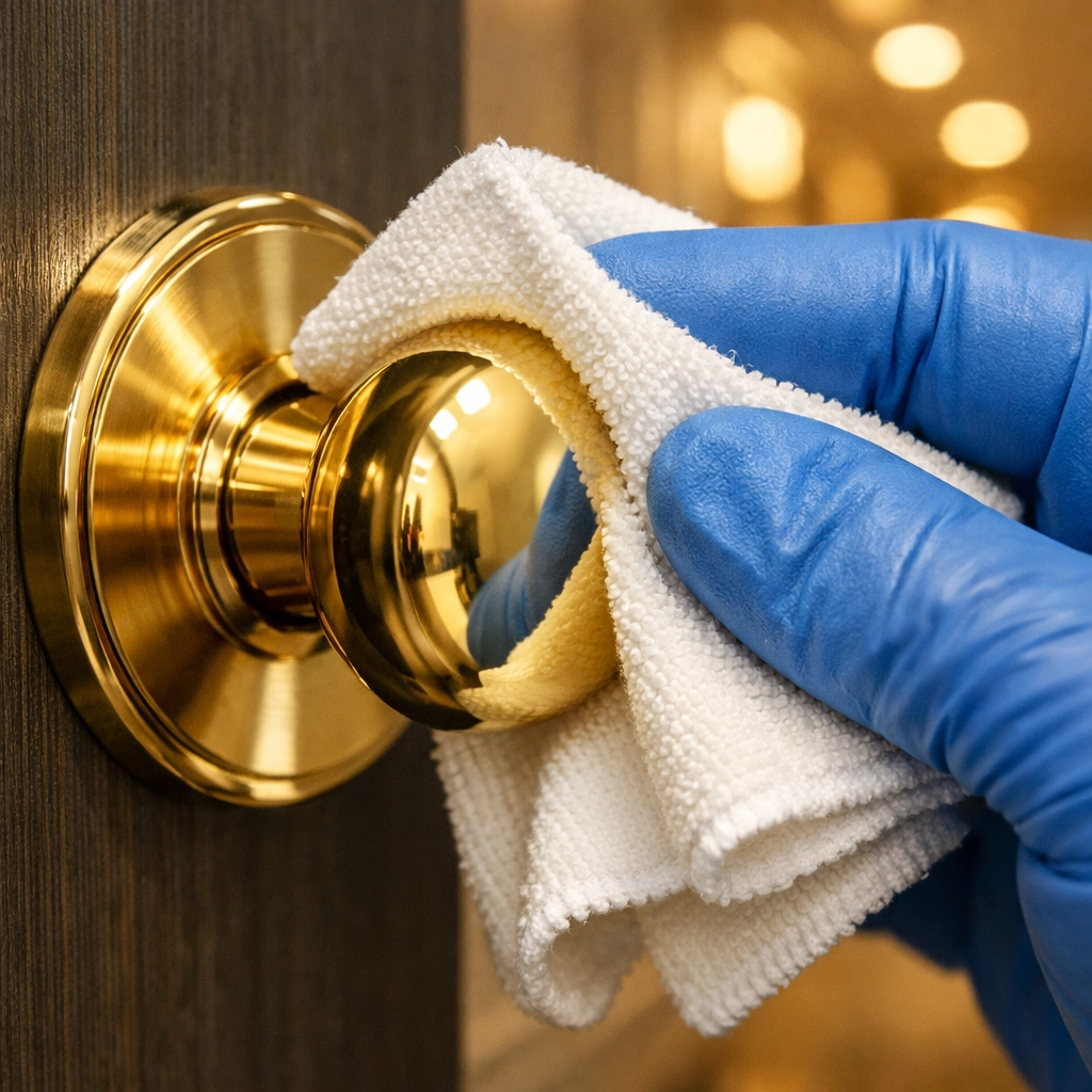 Professional cleaning of high-touch door handles to avoid common move-in cleaning mistakes in a Boston apartment.