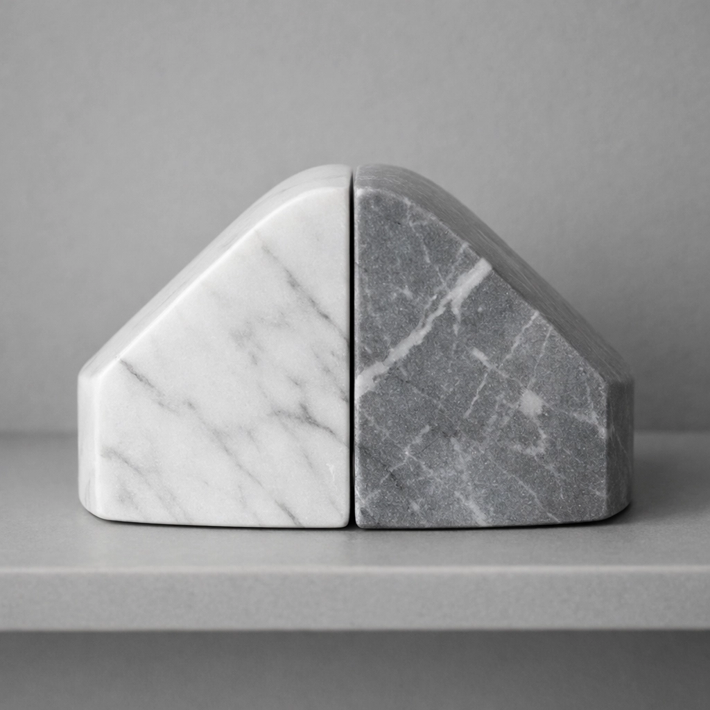Aligned marble bookends symbolizing perfectly matched bank statements and QuickBooks transactions.