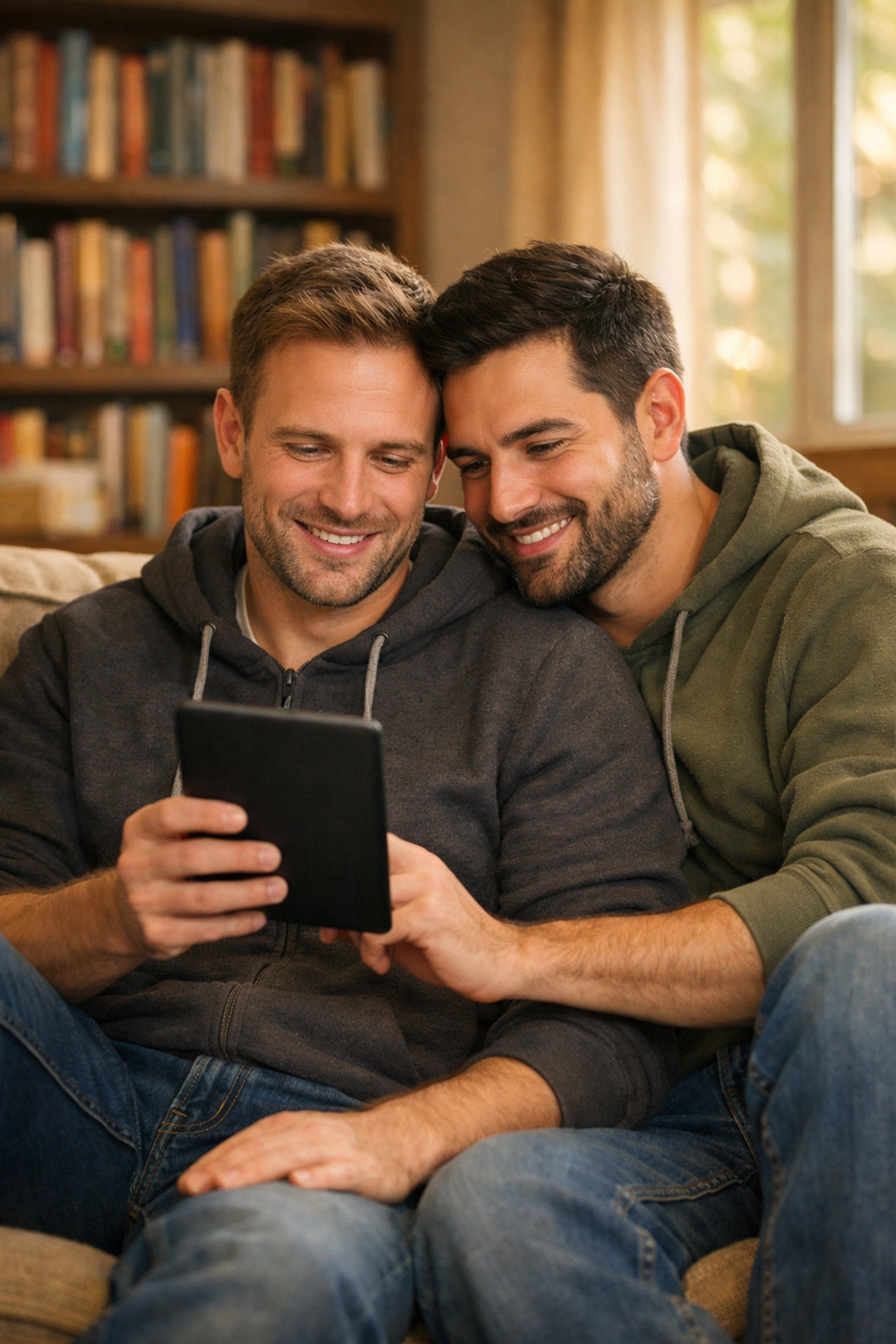 Gay couple reading MM romance ebook together enjoying LGBTQ+ sports fiction and love stories